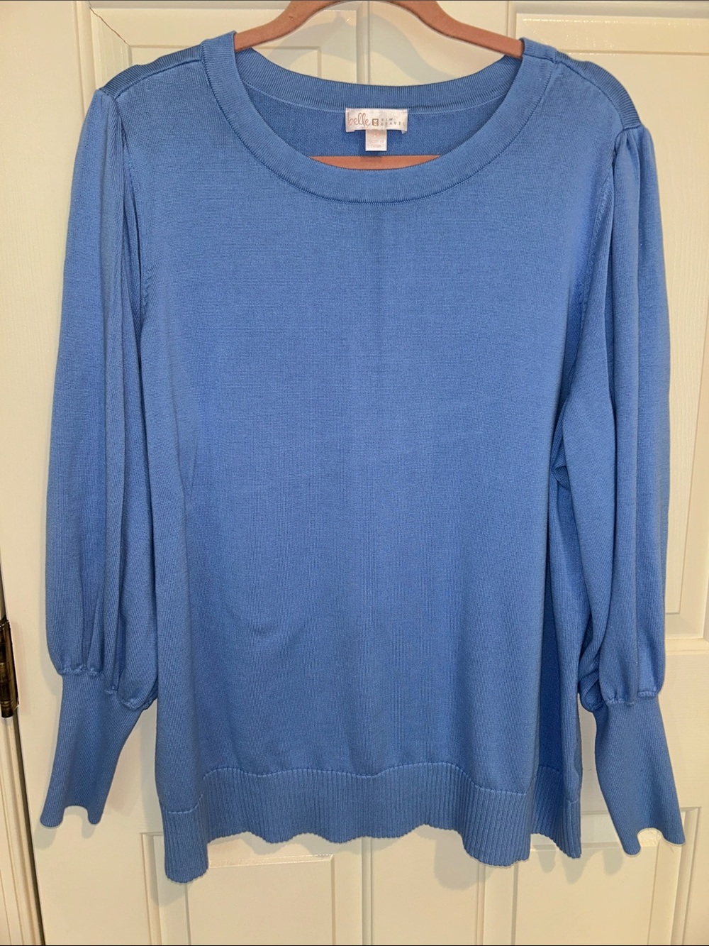 Belle by Kim Gravel Blue Crewneck Puff-Sleeve Sweater
